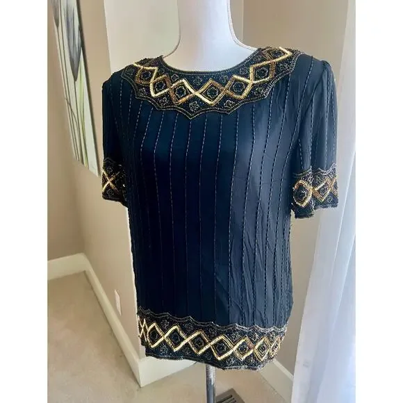Vintage Night Vogue silk gold beaded evening cocktail top size XL - Picture 2 of 6